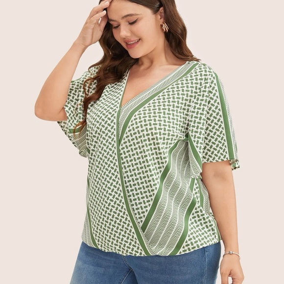 BloomChic Plus Size Geometric Contrast Ruffle Sleeve Wrap Blouse - Picture 3 of 8
